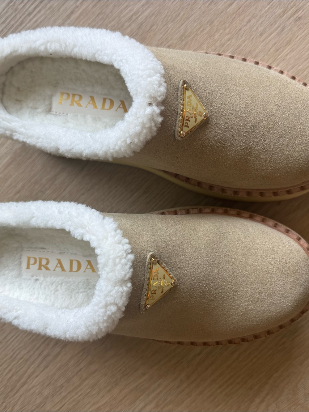 Prada Shearling Platform Mules Beige Cream EU 36